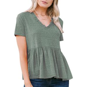 imageEXLURA Womens Summer Crop Babydoll Peplum Tops Cute V Neck Short Sleeve Business Casual Trendy T Shirts Beach Vacation 2025Army Green