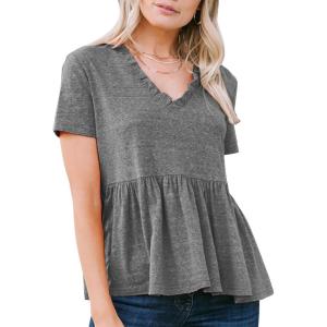 imageEXLURA Womens Summer Crop Babydoll Peplum Tops Cute V Neck Short Sleeve Business Casual Trendy T Shirts Beach Vacation 2025Grey