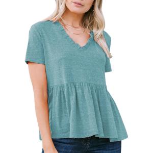 imageEXLURA Womens Summer Crop Babydoll Peplum Tops Cute V Neck Short Sleeve Business Casual Trendy T Shirts Beach Vacation 2025Lake Blue
