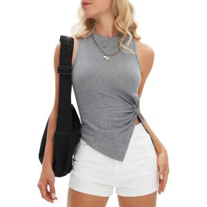 imageEXLURA Womens Summer Sleeveless High Neck Tank Tops Sexy Twist Knot Asymmetrical Hem Shirts Going Out Top 2025Grey