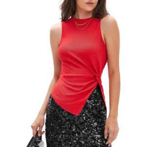 imageEXLURA Womens Summer Sleeveless High Neck Tank Tops Sexy Twist Knot Asymmetrical Hem Shirts Going Out Top 2025Red