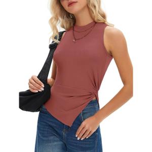 imageEXLURA Womens Summer Sleeveless High Neck Tank Tops Sexy Twist Knot Asymmetrical Hem Shirts Going Out Top 2025Wine Red