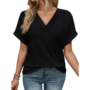 imageEXLURA Womens Summer Tops V Neck Outfits Clothes Short Dolman Sleeve Blouses 2025 Fashion ShirtsBlack