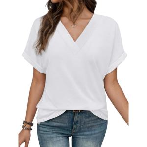 imageEXLURA Womens Summer Tops V Neck Outfits Clothes Short Dolman Sleeve Blouses 2025 Fashion ShirtsWhite