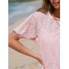 imageEXLURA Womens Summer Tops Dressy Casual Short Lantern Sleeve Shirts Crew Neck Hollow Out Lace Embroidered Blouses Shirts