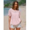 imageEXLURA Womens Summer Tops Dressy Casual Short Lantern Sleeve Shirts Crew Neck Hollow Out Lace Embroidered Blouses Shirts