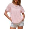 imageEXLURA Womens Summer Tops Dressy Casual Short Lantern Sleeve Shirts Crew Neck Hollow Out Lace Embroidered Blouses Shirts