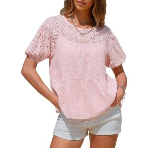 imageEXLURA Womens Summer Tops Dressy Casual Short Lantern Sleeve Shirts Crew Neck Hollow Out Lace Embroidered Blouses Shirts