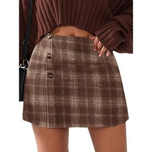 imageEXLURA Womens Wool Plaid Mini Skirt Elastic High Waisted Button Bodycon Fall Winter Skirts Business Casual Outfits Pockets