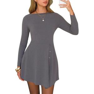 imageEXLURA Womens Fall Long Sleeve Boat Neck Casual Mini Dress Button Side Slit Cocktail Wedding Dresses Date Night Outfits 2025Grey