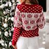 imageEXLURA Patterns Reindeer Ugly Christmas Crew Neck Long Sleeve Sweater Jumper Pullover Knitted Printed TopsRedcolor Block