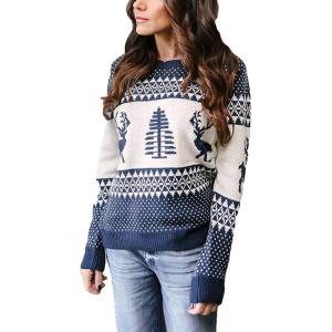 imageEXLURA Patterns Reindeer Ugly Christmas Crew Neck Long Sleeve Sweater Jumper Pullover Knitted Printed TopsBlue