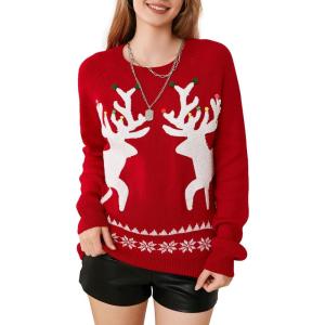 imageEXLURA Patterns Reindeer Ugly Christmas Crew Neck Long Sleeve Sweater Jumper Pullover Knitted Printed TopsElk Red