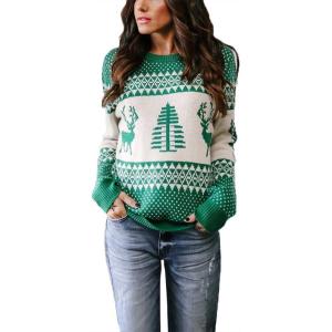 imageEXLURA Patterns Reindeer Ugly Christmas Crew Neck Long Sleeve Sweater Jumper Pullover Knitted Printed TopsGreen