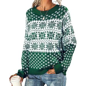 imageEXLURA Patterns Reindeer Ugly Christmas Crew Neck Long Sleeve Sweater Jumper Pullover Knitted Printed TopsGreen Snowflake