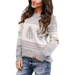 imageEXLURA Patterns Reindeer Ugly Christmas Crew Neck Long Sleeve Sweater Jumper Pullover Knitted Printed TopsGrey