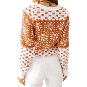 imageEXLURA Patterns Reindeer Ugly Christmas Crew Neck Long Sleeve Sweater Jumper Pullover Knitted Printed TopsOrange Print