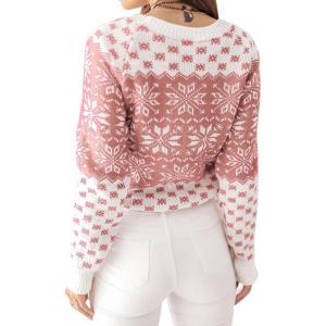 imageEXLURA Patterns Reindeer Ugly Christmas Crew Neck Long Sleeve Sweater Jumper Pullover Knitted Printed TopsPink Print