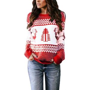 imageEXLURA Patterns Reindeer Ugly Christmas Crew Neck Long Sleeve Sweater Jumper Pullover Knitted Printed TopsRed