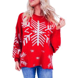 imageEXLURA Patterns Reindeer Ugly Christmas Crew Neck Long Sleeve Sweater Jumper Pullover Knitted Printed TopsRed Snow Print
