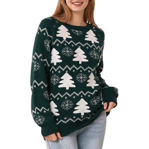 imageEXLURA Patterns Reindeer Ugly Christmas Crew Neck Long Sleeve Sweater Jumper Pullover Knitted Printed TopsTree Green