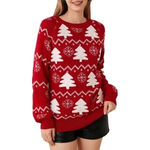 imageEXLURA Patterns Reindeer Ugly Christmas Crew Neck Long Sleeve Sweater Jumper Pullover Knitted Printed TopsTree Red