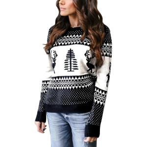 imageEXLURA Patterns Reindeer Ugly Christmas Crew Neck Long Sleeve Sweater Jumper Pullover Knitted Printed TopsWhite Black Reindeer