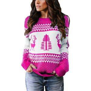 imageEXLURA Patterns Reindeer Ugly Christmas Crew Neck Long Sleeve Sweater Jumper Pullover Knitted Printed TopsWhite Magenta Reindeer