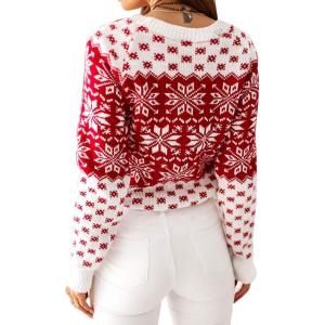 imageEXLURA Patterns Reindeer Ugly Christmas Crew Neck Long Sleeve Sweater Jumper Pullover Knitted Printed TopsWhitecolor Block