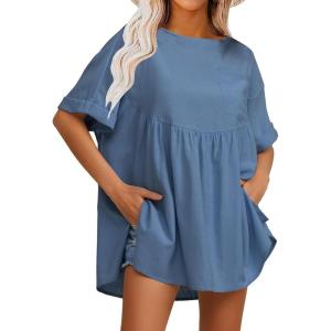 imageEXLURA Womens Short Sleeve Summer Tops Casual Loose Maternity Babydoll Peplum Tops Oversized Shirts Tunic 2025Navy Blue