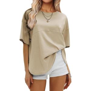 imageEXLURA Womens Summer Oversized T Shirts Beach Vacation Outfits 2025 Loose Workout Short Sleeve Tops Y2K Casual Basic TeeKhaki