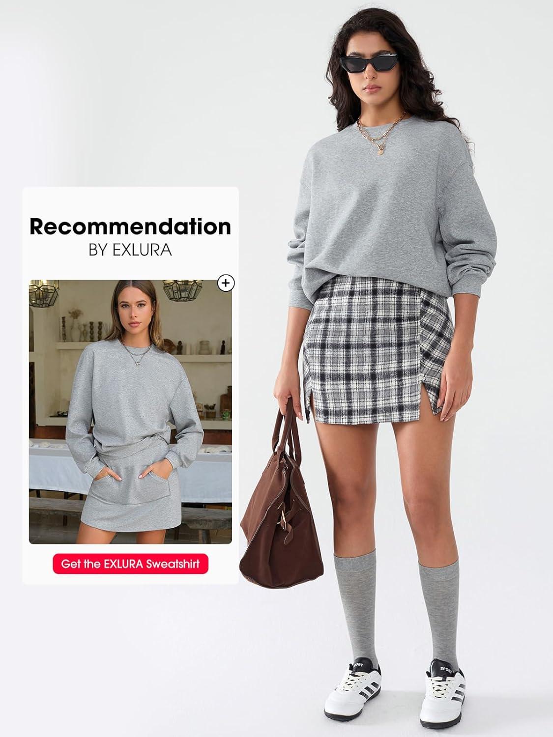 imageEXLURA Womens Fashion Faux Wool Mini Skirt High Waisted Y2K Trendy Side Slit Tweed Plaid Skirts 2025 Fall Winter Outfits Black