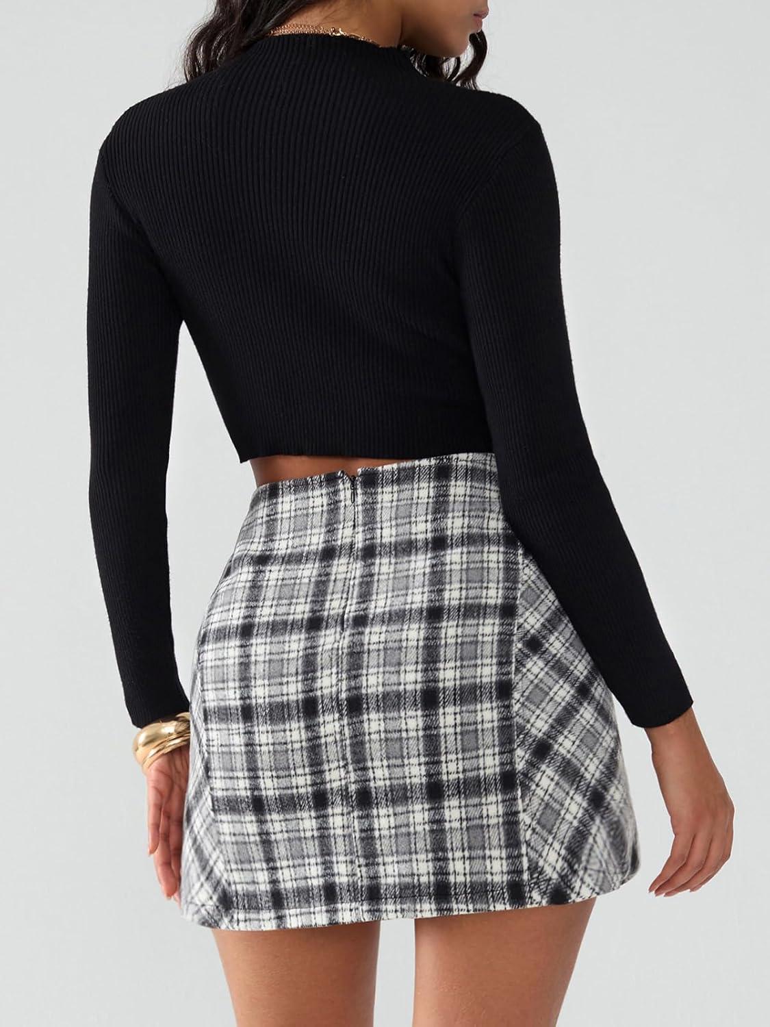 imageEXLURA Womens Fashion Faux Wool Mini Skirt High Waisted Y2K Trendy Side Slit Tweed Plaid Skirts 2025 Fall Winter Outfits Black