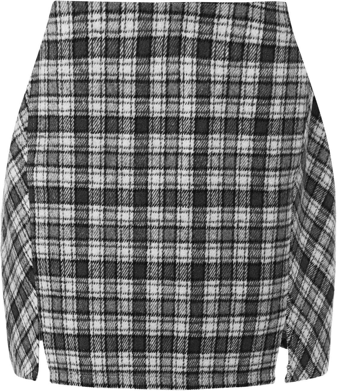 imageEXLURA Womens Fashion Faux Wool Mini Skirt High Waisted Y2K Trendy Side Slit Tweed Plaid Skirts 2025 Fall Winter Outfits Black