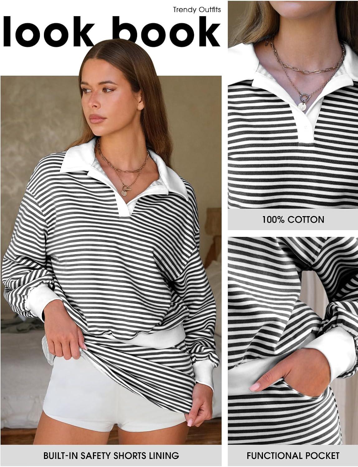 imageEXLURA Womens Two Piece Sets Airport Outfits Cotton Striped Sweatshirt Matching Skirt Skort Tennis Tracksuit Travel Set 2026Black White