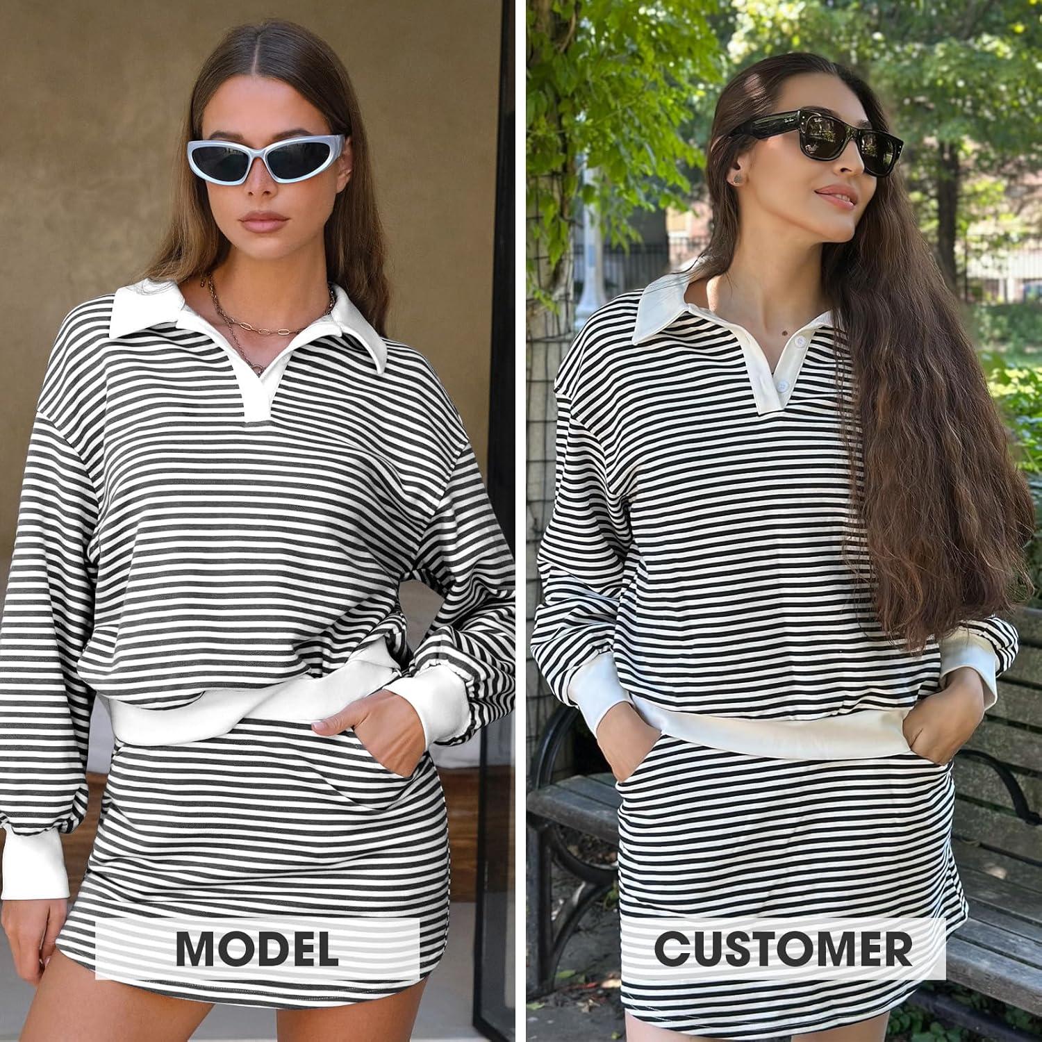 imageEXLURA Womens Two Piece Sets Airport Outfits Cotton Striped Sweatshirt Matching Skirt Skort Tennis Tracksuit Travel Set 2026Black White