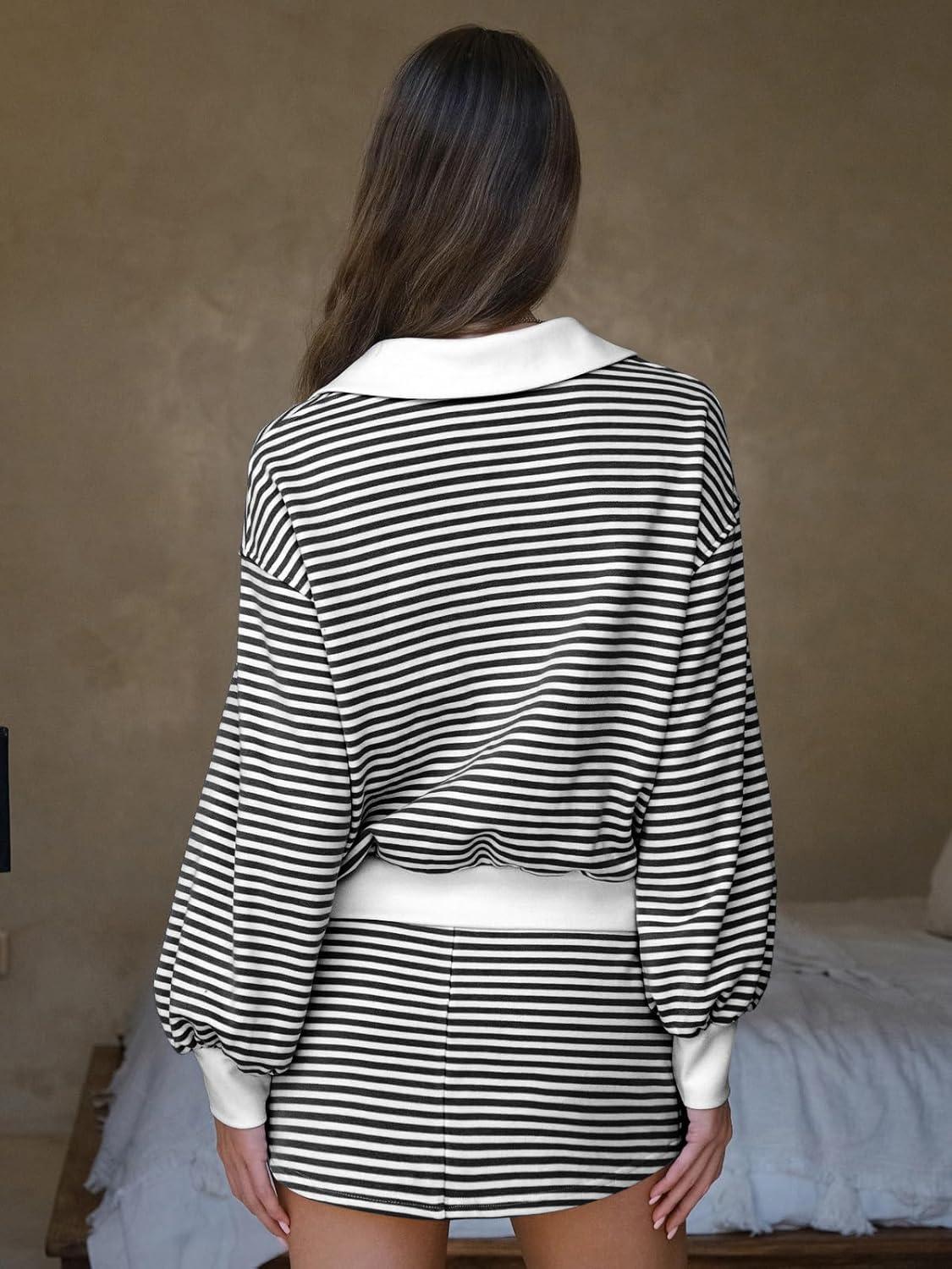 imageEXLURA Womens Two Piece Sets Airport Outfits Cotton Striped Sweatshirt Matching Skirt Skort Tennis Tracksuit Travel Set 2026Black White