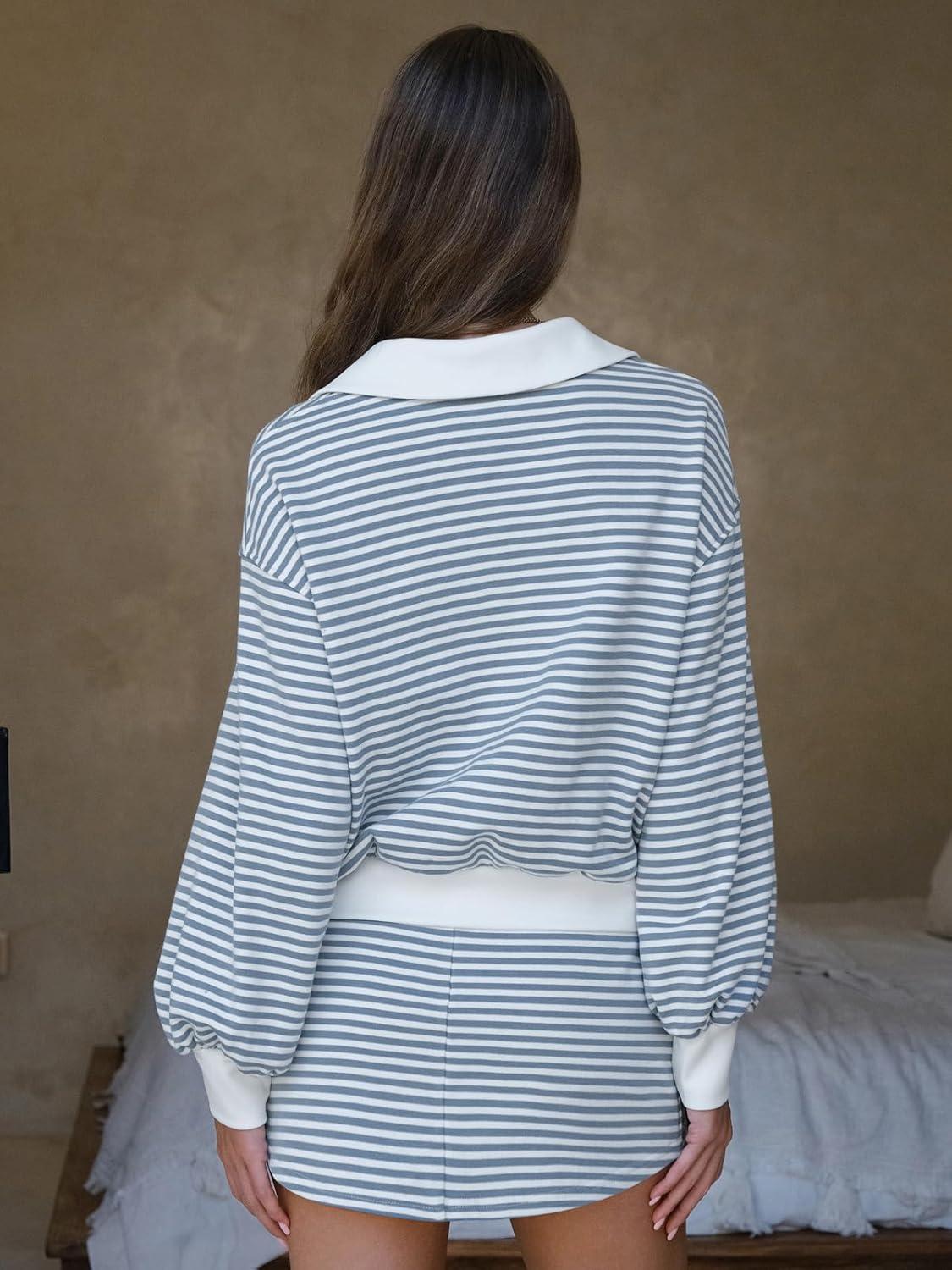 imageEXLURA Womens Two Piece Sets Airport Outfits Cotton Striped Sweatshirt Matching Skirt Skort Tennis Tracksuit Travel Set 2026Blue White