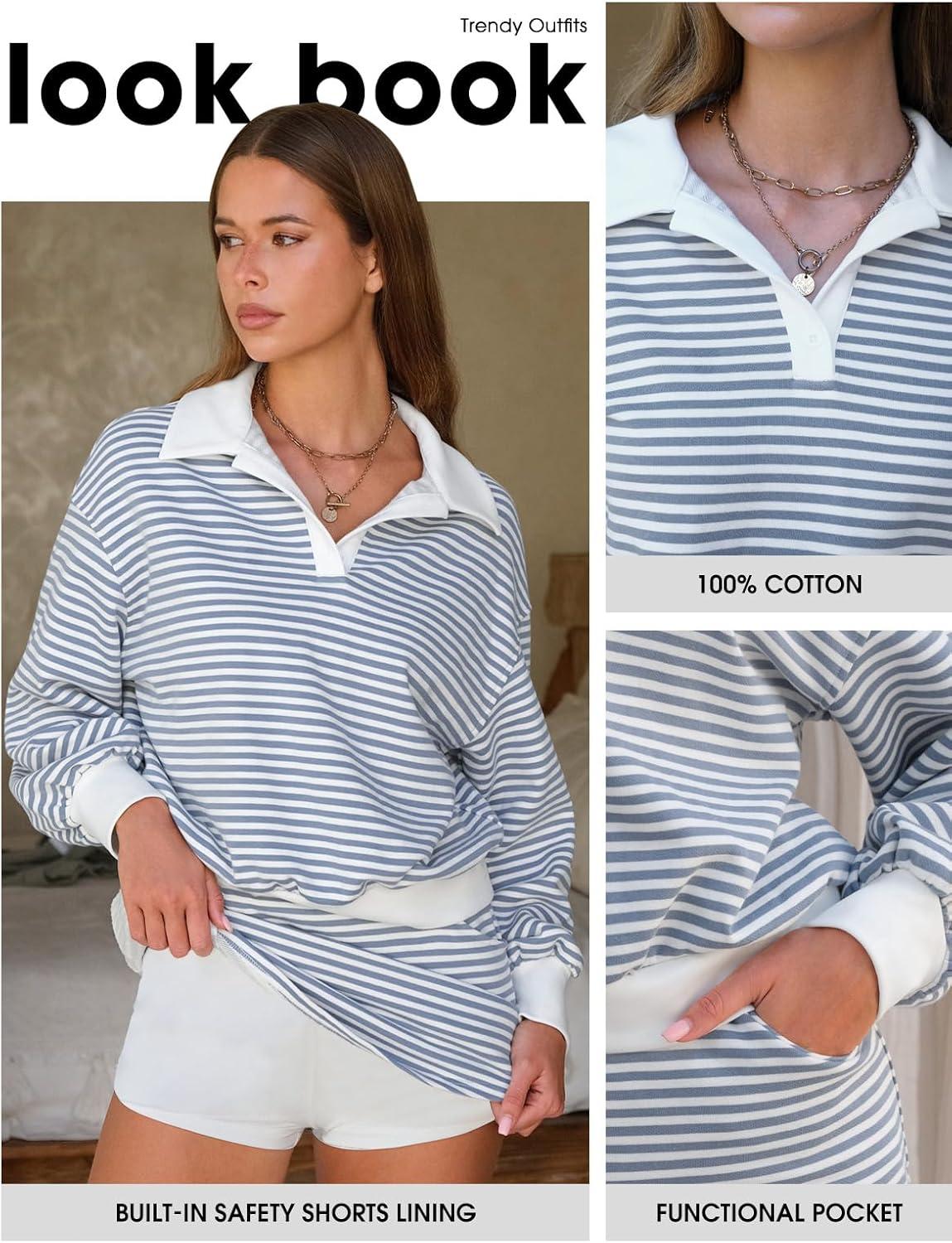 imageEXLURA Womens Two Piece Sets Airport Outfits Cotton Striped Sweatshirt Matching Skirt Skort Tennis Tracksuit Travel Set 2026Blue White