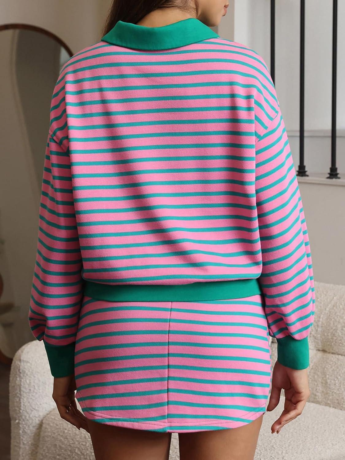 imageEXLURA Womens Two Piece Sets Airport Outfits Cotton Striped Sweatshirt Matching Skirt Skort Tennis Tracksuit Travel Set 2026Green Pink