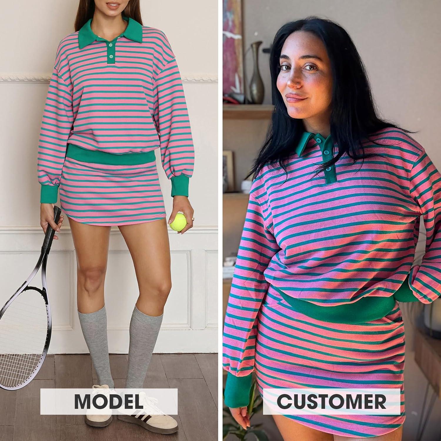 imageEXLURA Womens Two Piece Sets Airport Outfits Cotton Striped Sweatshirt Matching Skirt Skort Tennis Tracksuit Travel Set 2026Green Pink