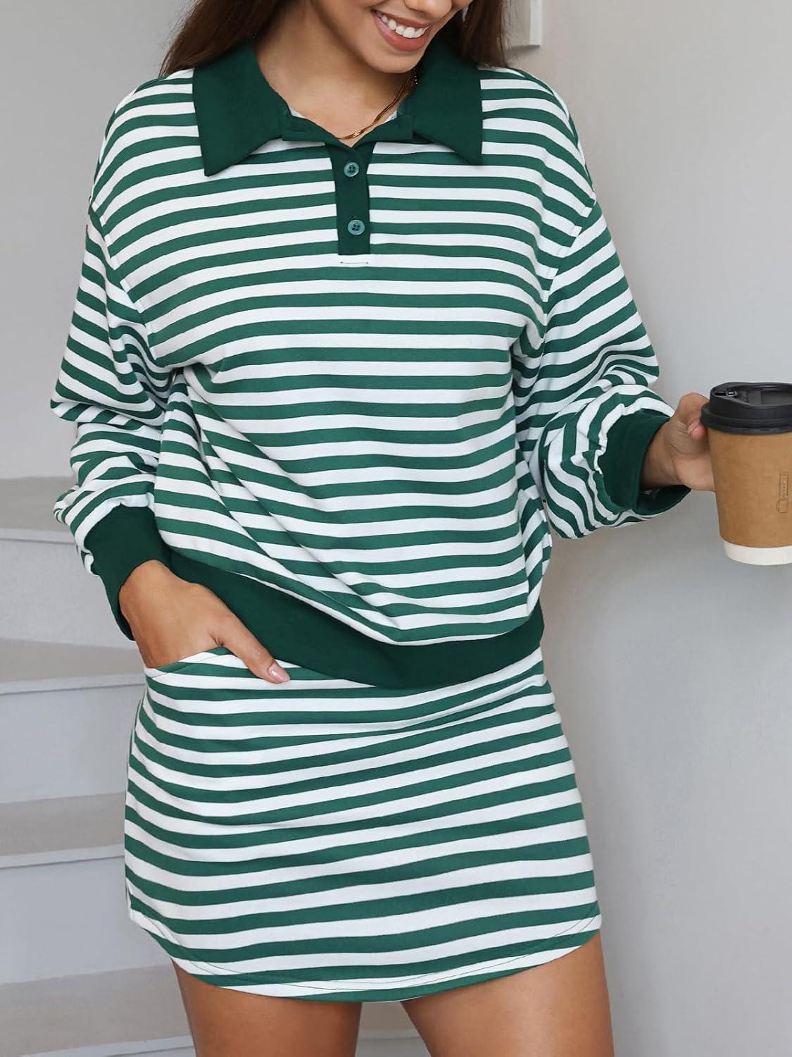 imageEXLURA Womens Two Piece Sets Airport Outfits Cotton Striped Sweatshirt Matching Skirt Skort Tennis Tracksuit Travel Set 2026Green White