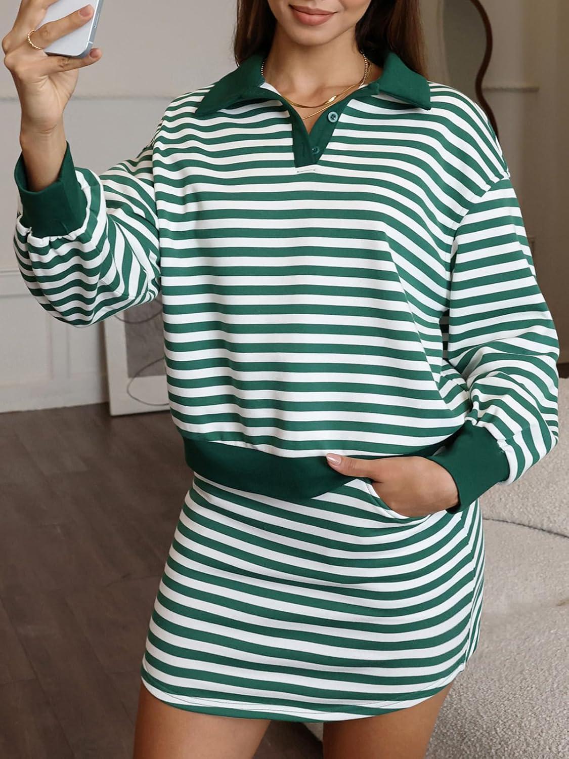 imageEXLURA Womens Two Piece Sets Airport Outfits Cotton Striped Sweatshirt Matching Skirt Skort Tennis Tracksuit Travel Set 2026Green White