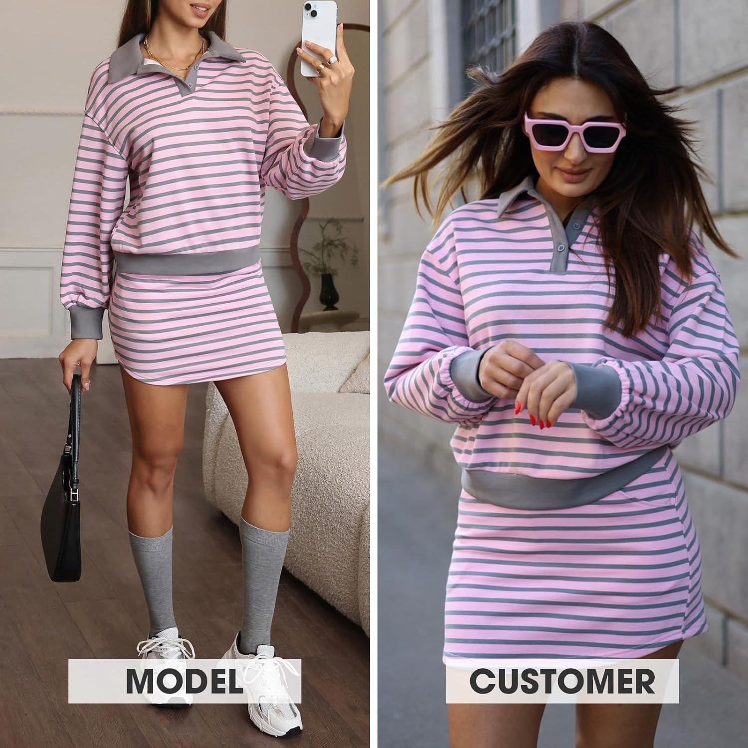 imageEXLURA Womens Two Piece Sets Airport Outfits Cotton Striped Sweatshirt Matching Skirt Skort Tennis Tracksuit Travel Set 2026Grey Pink