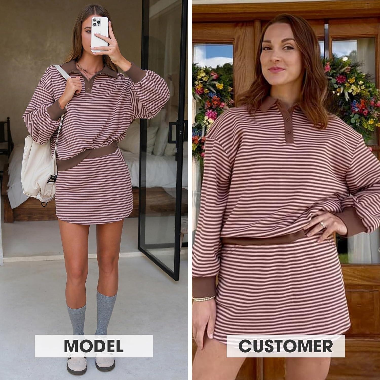 imageEXLURA Womens Two Piece Sets Airport Outfits Cotton Striped Sweatshirt Matching Skirt Skort Tennis Tracksuit Travel Set 2026Pink Brown
