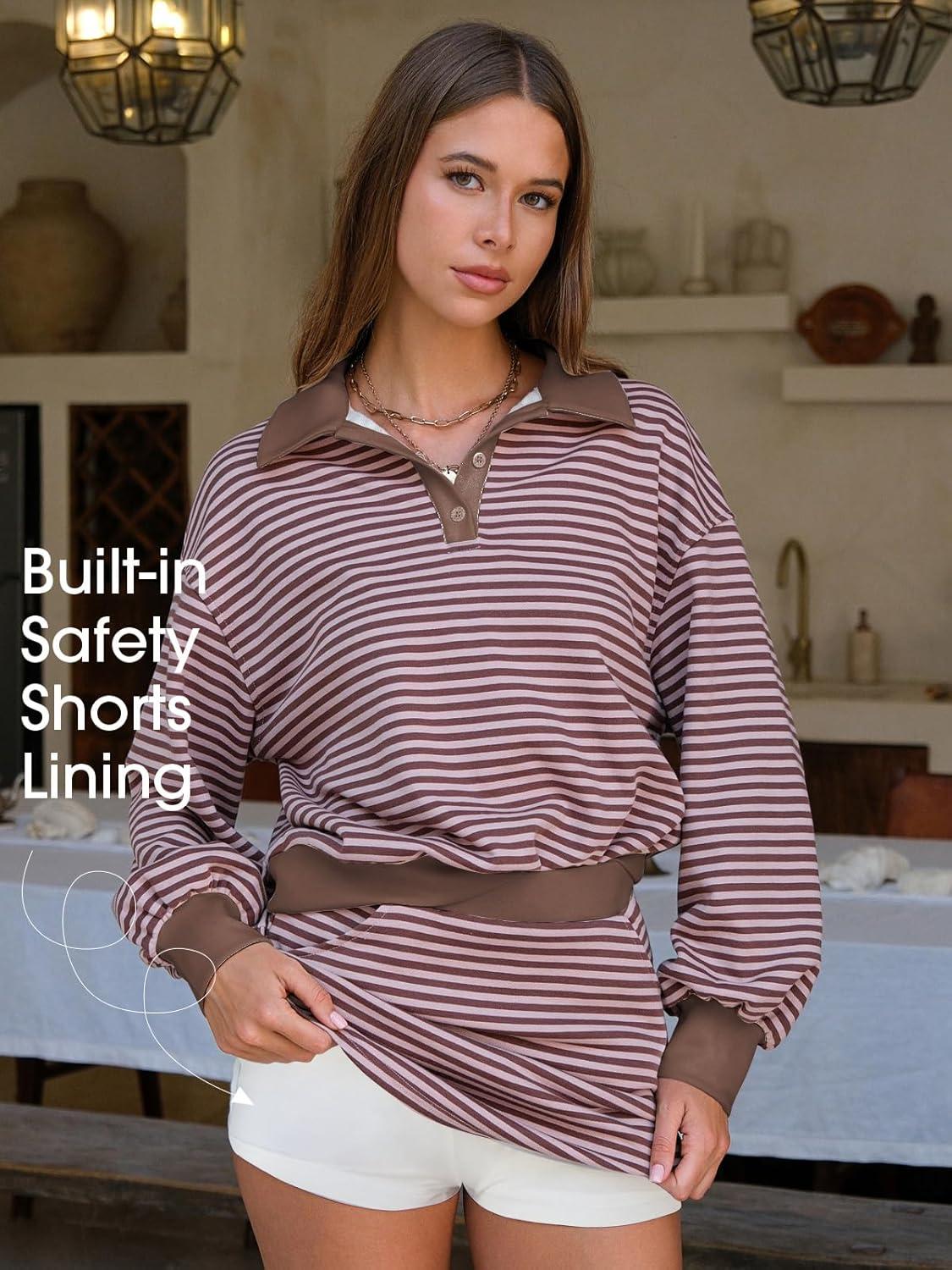 imageEXLURA Womens Two Piece Sets Airport Outfits Cotton Striped Sweatshirt Matching Skirt Skort Tennis Tracksuit Travel Set 2026Pink Brown