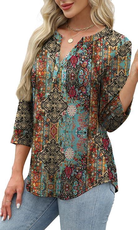 imageWomen 34 Sleeve Shirts Notch V Neck Tops Casual Dressy Blouses Beach Vacation Tunic TopsFigure