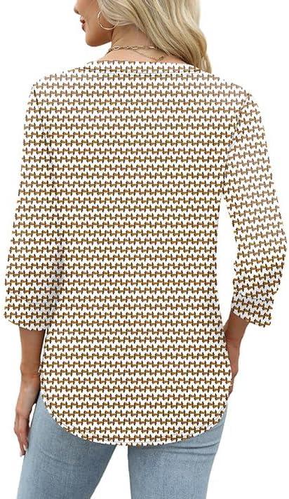 imageWomen 34 Sleeve Shirts Notch V Neck Tops Casual Dressy Blouses Beach Vacation Tunic TopsStripe