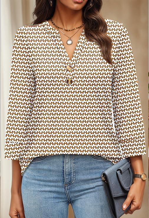 imageWomen 34 Sleeve Shirts Notch V Neck Tops Casual Dressy Blouses Beach Vacation Tunic TopsStripe