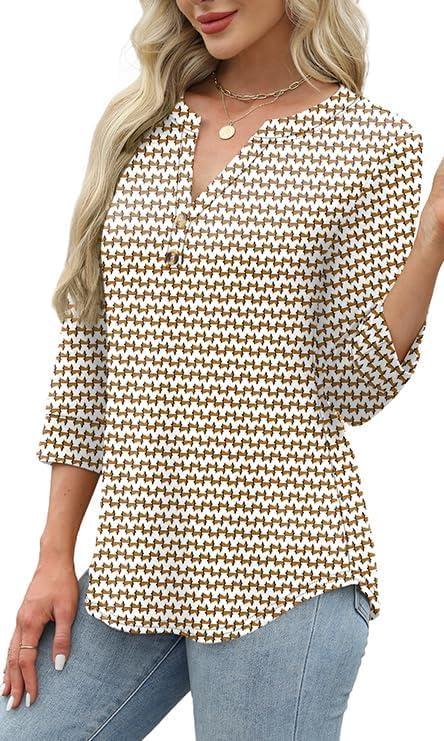 imageWomen 34 Sleeve Shirts Notch V Neck Tops Casual Dressy Blouses Beach Vacation Tunic TopsStripe